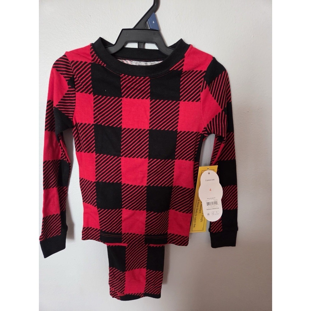 Wonder Nation 2 Piece LS Knit Red Check Pjs 4T New